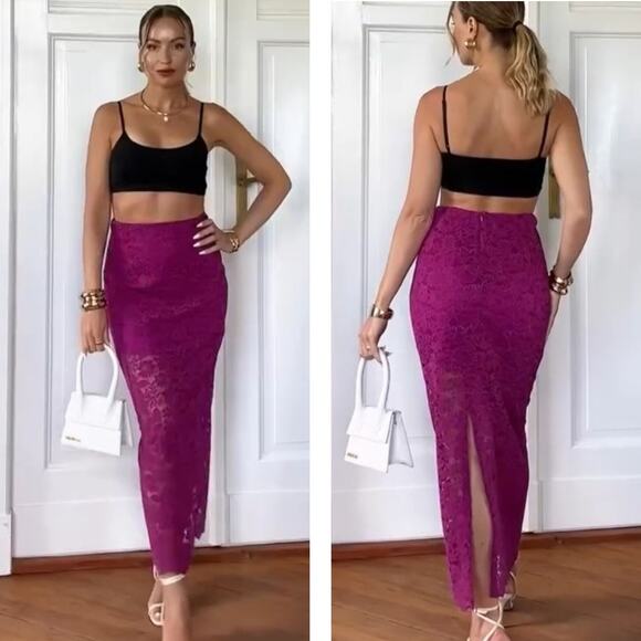 ZARA High-Waisted Floral Lace Rear Slit Midi Skirt Size XS Fuchsia - Picture 2 of 9